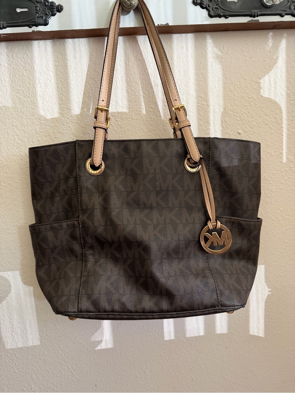Michael Kors Dark Brown MK Logo Tote with Tan Straps